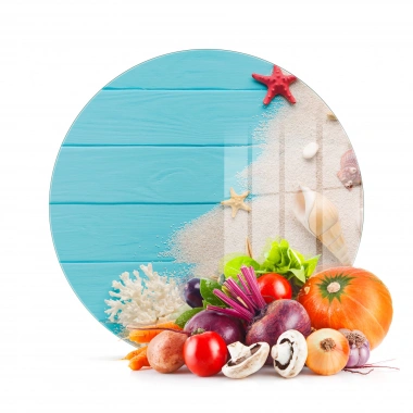 Decovetro Cam Kesme Tahtası ve Sunumluk Yuvarlak Turkuaz Yaz Desenli 30x30 Cm