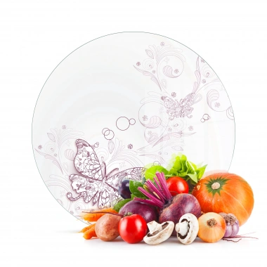 Decovetro Cam Kesme Tahtası ve Sunumluk Yuvarlak Vintage Kelebek Desenli 30x30 Cm