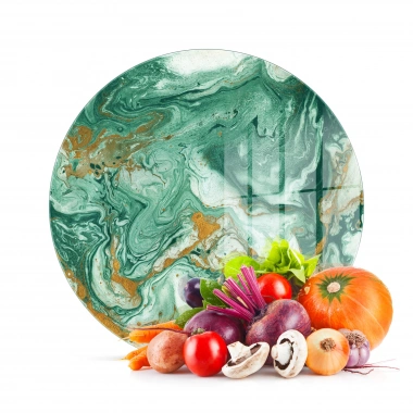 Decovetro Cam Kesme Tahtası ve Sunumluk Yuvarlak Yeşil Gold Mermer Desenli 30x30 Cm