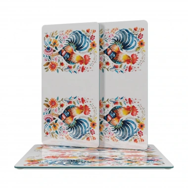 Decovetro Cam Sunum Servis Tabağı 3lü Dikdörtgen Set Balkan Horoz Desenli