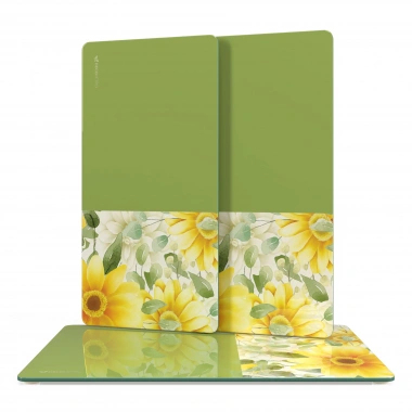 Decovetro Cam Sunum Servis Tabağı 3lü Dikdörtgen Set Yeşil Vintage Sarı Çiçekler