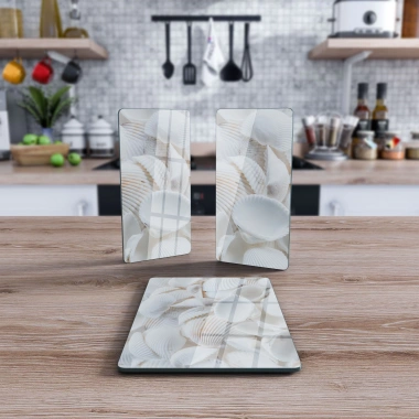 Decovetro Cam Sunum Servis Tabağı 3lü Dikdörtgen Set Deniz Kabuğu Desenli
