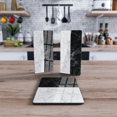 Decovetro Cam Sunum Servis Tabağı 3lü Dikdörtgen Set Double Siyah Beyaz Mermer Desenli