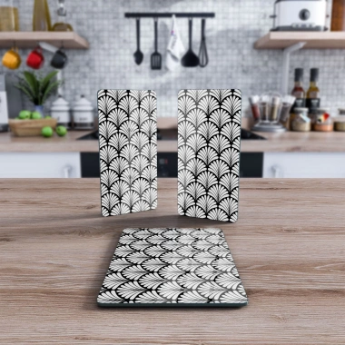 Decovetro Cam Sunum Servis Tabağı 3lü Dikdörtgen Set Siyah Beyaz Geometrik Desenli