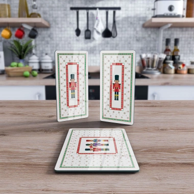 Decovetro Cam Sunum Servis Tabağı 3lü Dikdörtgen Set Yılbaşı Fındıkkıran Desenli