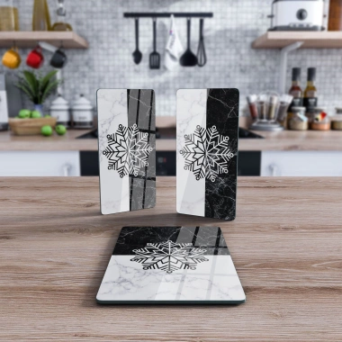 Decovetro Cam Sunum Servis Tabağı 3lü Dikdörtgen Set Siyah Beyaz Mermer Kar Tanesi Desenli