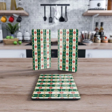 Decovetro Cam Sunum Servis Tabağı 3lü Dikdörtgen Set Yeşil Geometrik Desenli