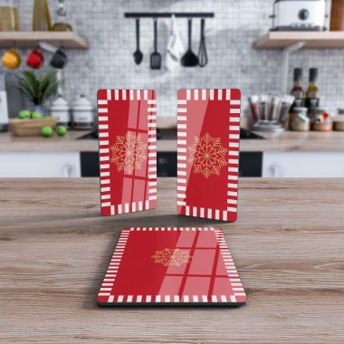 Decovetro Cam Sunum Servis Tabağı 3lü Dikdörtgen Set Kırmızı Beyaz Kar Tanesi Desenli