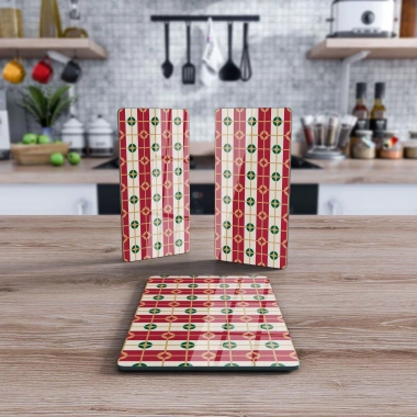 Decovetro Cam Sunum Servis Tabağı 3lü Dikdörtgen Set Kırmızı Geometrik Desenli