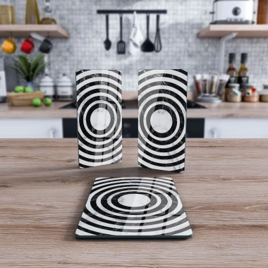 Decovetro Cam Sunum Servis Tabağı 3lü Dikdörtgen Set Siyah Beyaz Yuvarlak Mermer Desenli