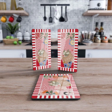 Decovetro Cam Sunum Servis Tabağı 3lü Dikdörtgen Set Karışık Renkli Love Desenli