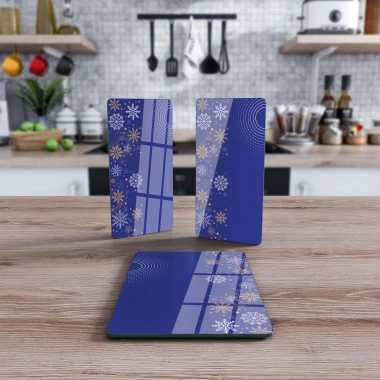 Decovetro Cam Sunum Servis Tabağı 3lü Dikdörtgen Set Mor Kar Tanesi Desenli