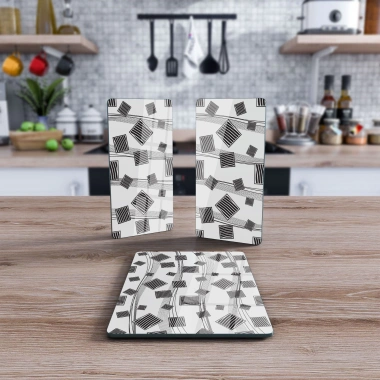 Decovetro Cam Sunum Servis Tabağı 3lü Dikdörtgen Set Gri Kare Desenli