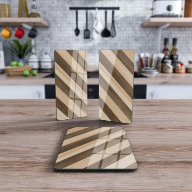 Decovetro Cam Sunum Servis Tabağı 3lü Dikdörtgen Set Karışık Ahşap Desenli