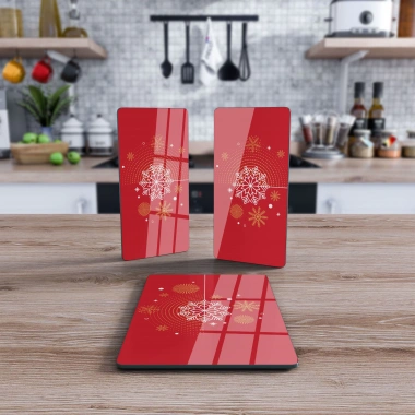 Decovetro Cam Sunum Servis Tabağı 3lü Dikdörtgen Set Kırmızı Kar Tanesi Desenli