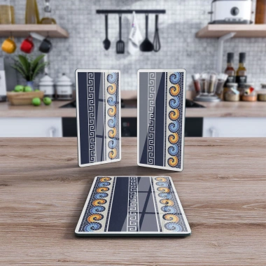 Decovetro Cam Sunum Servis Tabağı 3lü Dikdörtgen Set Renkli Geometrik Desenli