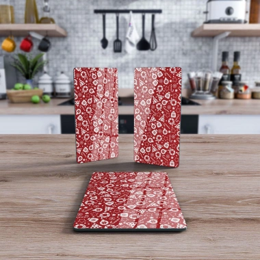 Decovetro Cam Sunum Servis Tabağı 3lü Dikdörtgen Set Kırmızı Yılbaşı Desenli