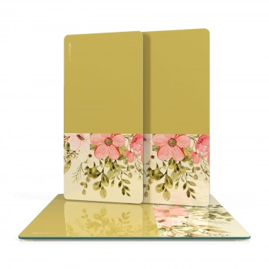 Decovetro Cam Sunum Servis Tabağı 3lü Kare Set Vintage Hardal Pembe Çiçekler