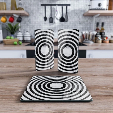 Decovetro Cam Sunum Servis Tabağı 3lü Kare Set Siyah Beyaz Yuvarlak Mermer Desenli