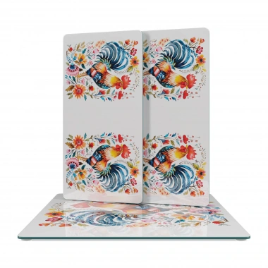 Decovetro Cam Sunum Servis Tabağı 3lü Kare Set Balkan Horoz Desenli