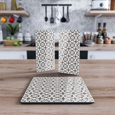 Decovetro Cam Sunum Servis Tabağı 3lü Kare Set Kahverengi Geometrik Desenli