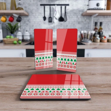 Decovetro Cam Sunum Servis Tabağı 3lü Kare Set Ekose Dokuma Yılbaşı Desenli