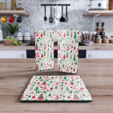 Decovetro Cam Sunum Servis Tabağı 3lü Kare Set Karışık Yılbaşı Desenli