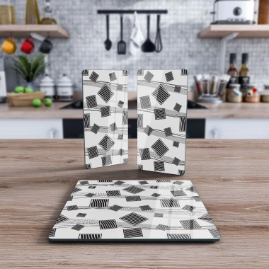 Decovetro Cam Sunum Servis Tabağı 3lü Kare Set Karışık Gri Kare Desenli