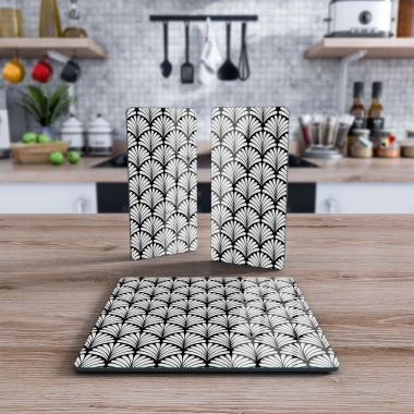 Decovetro Cam Sunum Servis Tabağı 3lü Kare Set Siyah Beyaz Geometrik Desenli