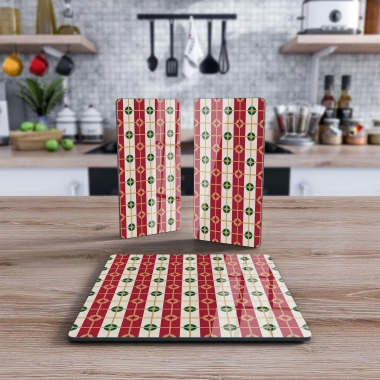 Decovetro Cam Sunum Servis Tabağı 3lü Kare Set Kırmızı Geometrik Desenli