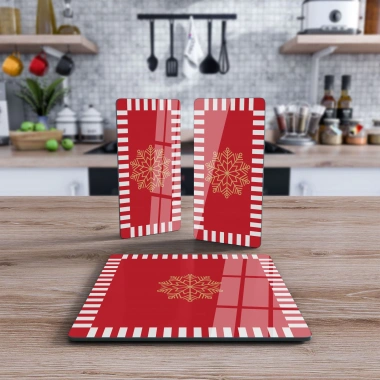 Decovetro Cam Sunum Servis Tabağı 3lü Kare Set Kırmızı Beyaz Kar Tanesi Desenli