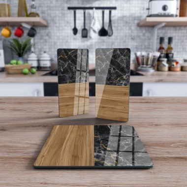 Decovetro Cam Sunum Servis Tabağı 3lü Kare Set Ahşap ve Mermer Desenli