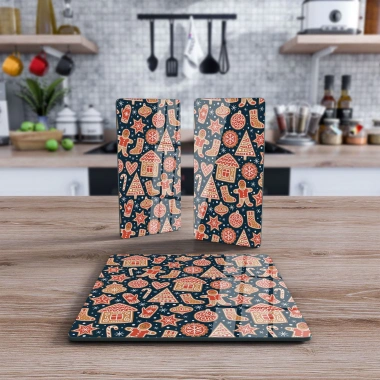 Decovetro Cam Sunum Servis Tabağı 3lü Kare Set Yılbaşı Kurabiye Desenli