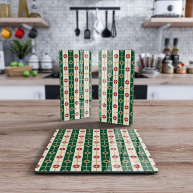 Decovetro Cam Sunum Servis Tabağı 3lü Kare Set Yeşil Geometrik Desenli