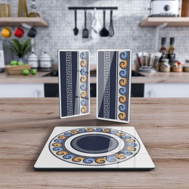 Decovetro Cam Sunum Servis Tabağı 3lü Kare Set Renkli Geometrik Desenli