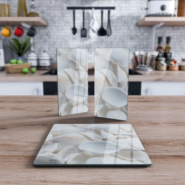 Decovetro Cam Sunum Servis Tabağı 3lü Kare Set Deniz Kabuğu Desenli