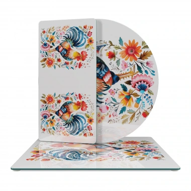 Decovetro Cam Sunum Servis Tabağı 3lü Karma Set Balkan Horoz Desenli