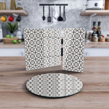 Decovetro Cam Sunum Servis Tabağı 3lü Karma Set Kahverengi Geometrik Desenli