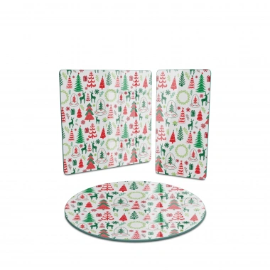 Decovetro Cam Sunum Servis Tabağı 3lü Karma Set Karışık Yılbaşı Desenli