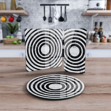 Decovetro Cam Sunum Servis Tabağı 3lü Karma Set Siyah Beyaz Yuvarlak Mermer Desenli