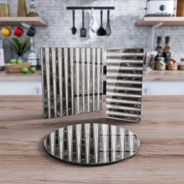 Decovetro Cam Sunum Servis Tabağı 3lü Karma Set Siyah Beyaz Mermer Çizgi Desenli