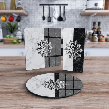 Decovetro Cam Sunum Servis Tabağı 3lü Karma Set Siyah Beyaz Mermer Kar Tanesi Desenli