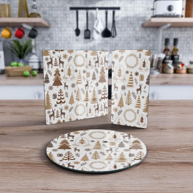 Decovetro Cam Sunum Servis Tabağı 3lü Karma Set Kahverengi Karışık Yılbaşı Desenli