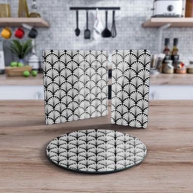 Decovetro Cam Sunum Servis Tabağı 3lü Karma Set Siyah Beyaz Geometrik Desenli