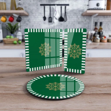 Decovetro Cam Sunum Servis Tabağı 3lü Karma Set Yeşil Beyaz Kar Tanesi Desenli
