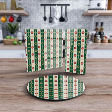 Decovetro Cam Sunum Servis Tabağı 3lü Karma Set Yeşil Geometrik Desenli