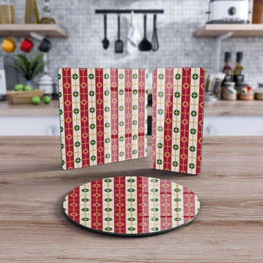 Decovetro Cam Sunum Servis Tabağı 3lü Karma Set Kırmızı Geometrik Desenli