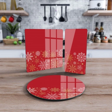 Decovetro Cam Sunum Servis Tabağı 3lü Karma Set Kırmızı Kar Tanesi Desenli