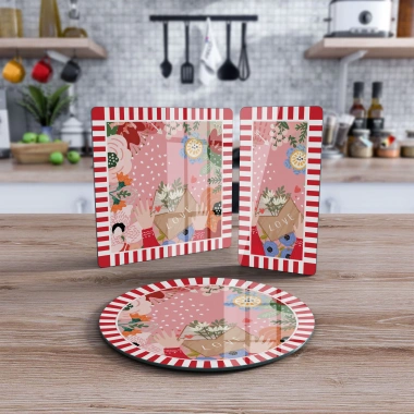 Decovetro Cam Sunum Servis Tabağı 3lü Karma Set Karışık Renkli Love Desenli