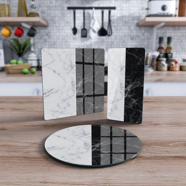 Decovetro Cam Sunum Servis Tabağı 3lü Karma Set Double Siyah Beyaz Mermer Desenli